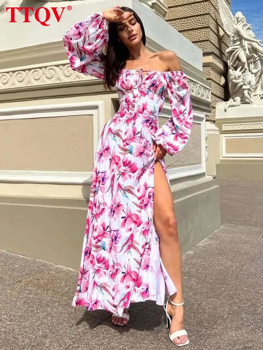 

TTQV Autumn Square Neck Print Dresses For Women 2023 Elegant White Pink Lace-Up Dresses Fashion Side Slit Ankle-Length Dress