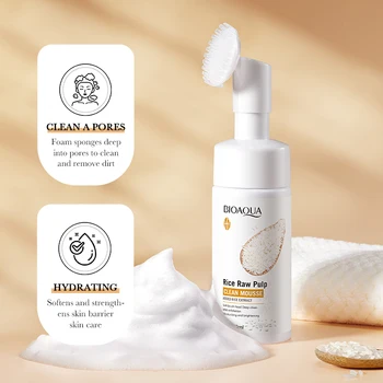 120ml BIOAOUA Rice Raw Pulp Foaming Facial Puree Cleansing Mousse Soothing Facial Cleanser With Brush Head Clear Face Wash