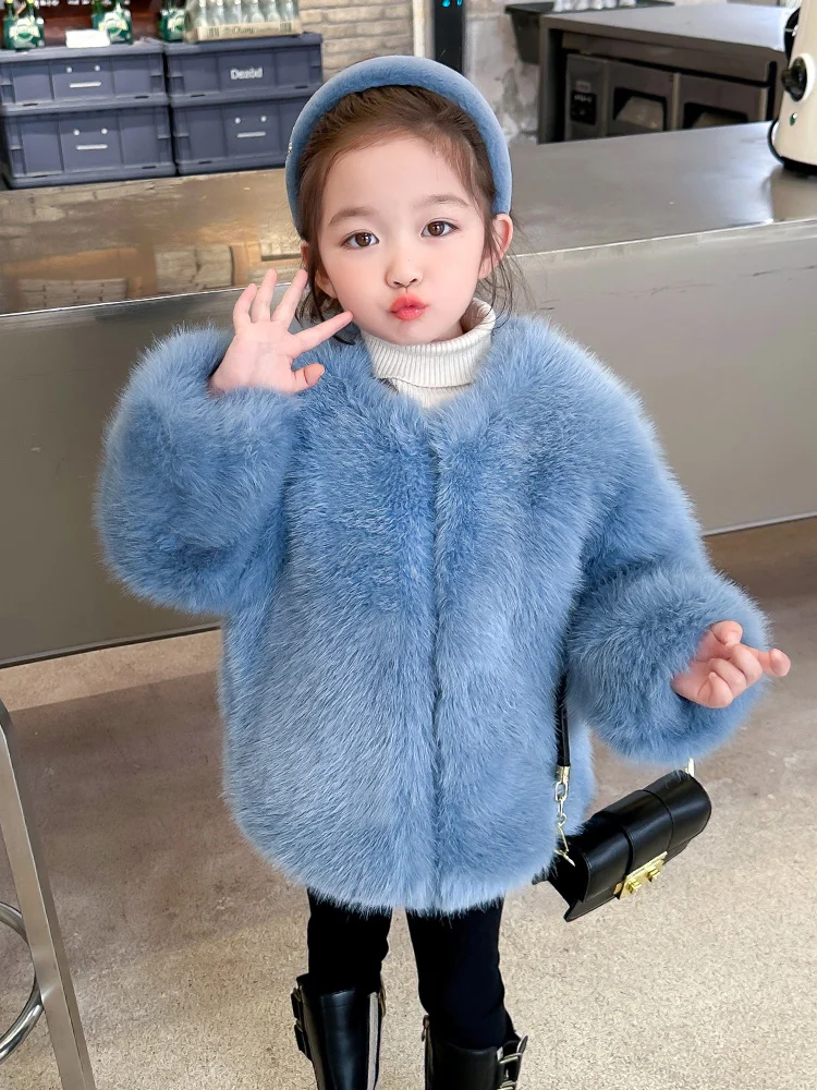 Winter Warm 2 3 Years Velvet Thickening Hooded Long  Leather Fur Outwear Coat For Kids Baby Girls