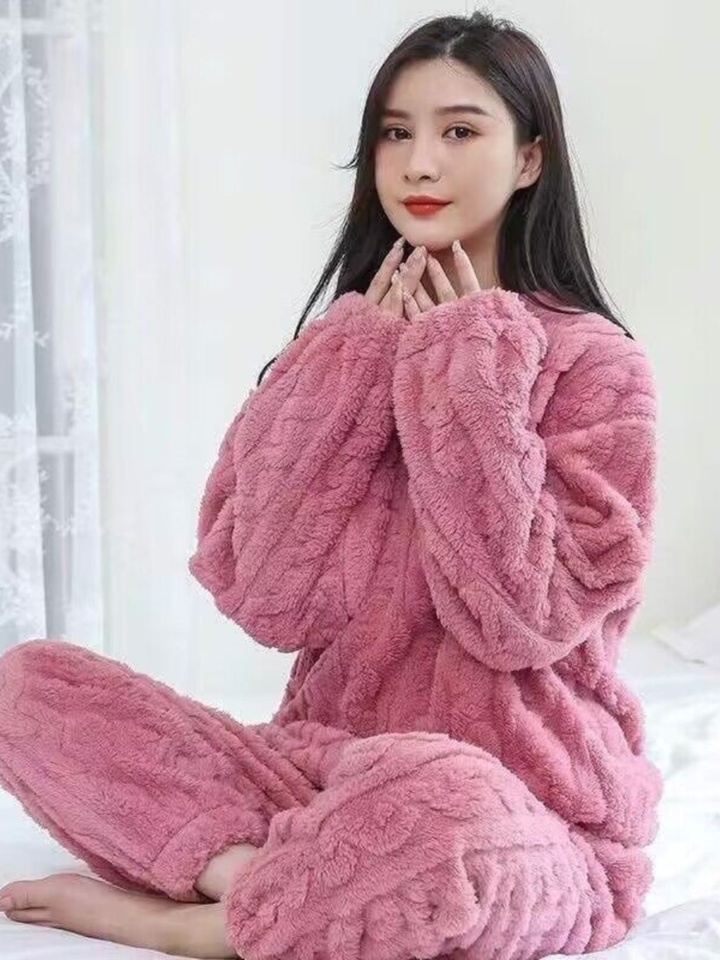 Women's Coral Fce Pajamas Thiened Flannel Home Clothes Winter Warm Set Long Sve round Ne Spwear for Autumn Winter