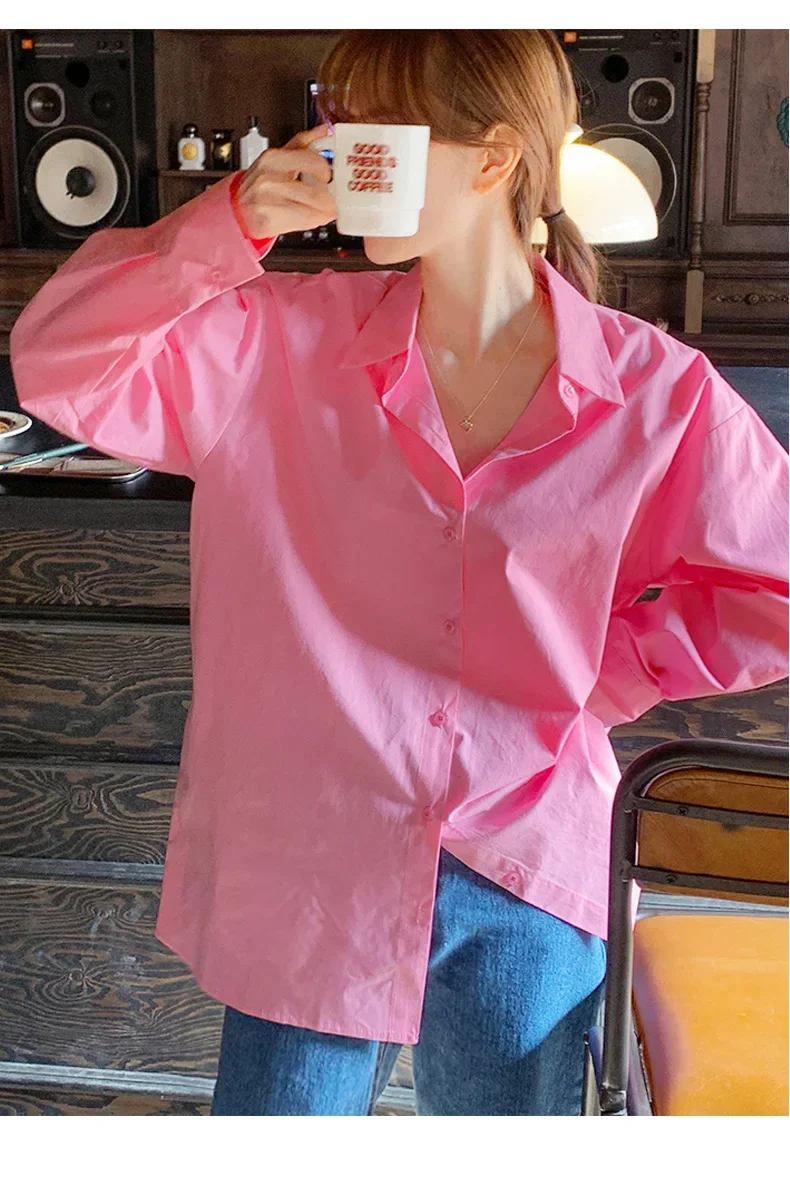 Neue Mode Frühling Herbst Einfache Und Casual Lose Vielseitig Reine Farbe Revers Hemd Frauen 100% Baumwolle Langarm Unterlage – Detail 19