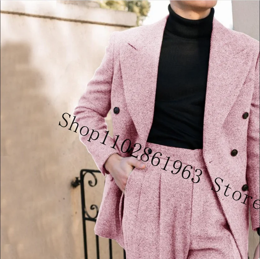 Gray Herringbone Tweed Men Suits 2 Pieces Fall Winter Suits Peak Lapel Double Breasted Best Men Groom Tuexdos Costume Homme