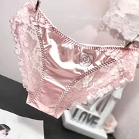 French Style Sexy Women Lace Panties Satin Silk Comfortable Seamless Diamond Decorations Briefs Breathable Panties
