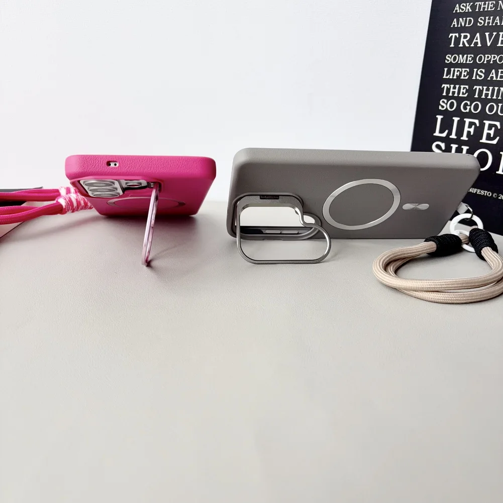 Leather Textured Wrist Strap Case with Metal Lens Bracket and Magnetic Ring Cover