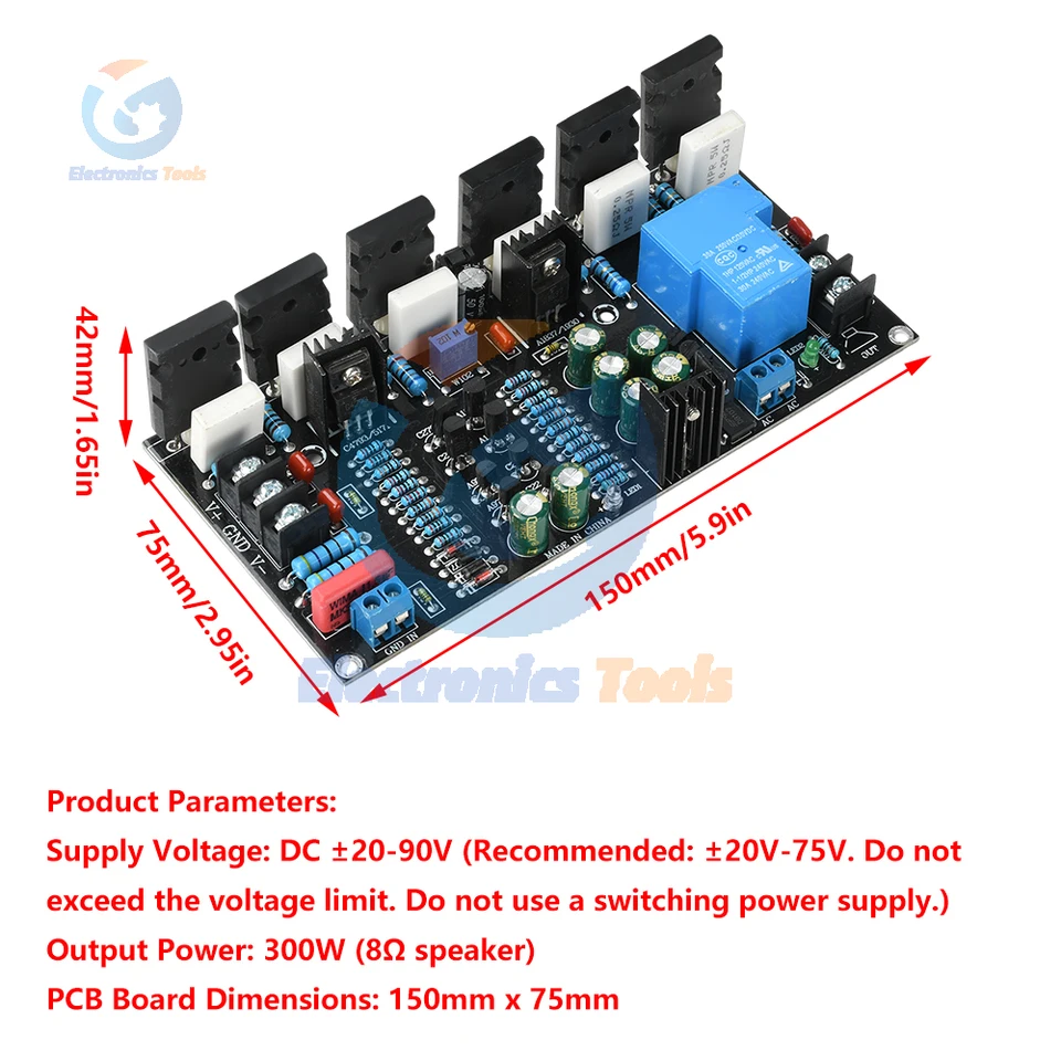DC 20V-90V 300W モノラルパワーアンプ 1943+5200 HIFI ハイパワーペア