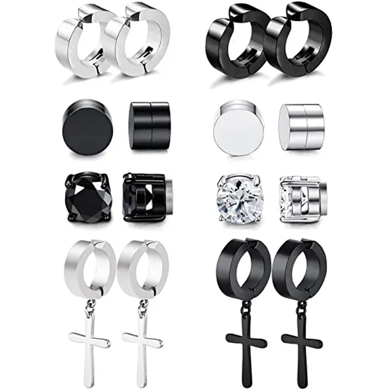 Magnetic Ear Clip Earrings 1 Pairs Men and Women Stainless Steel Ring Cross Non-Perforated Fake Gauge Jewelry Gift
