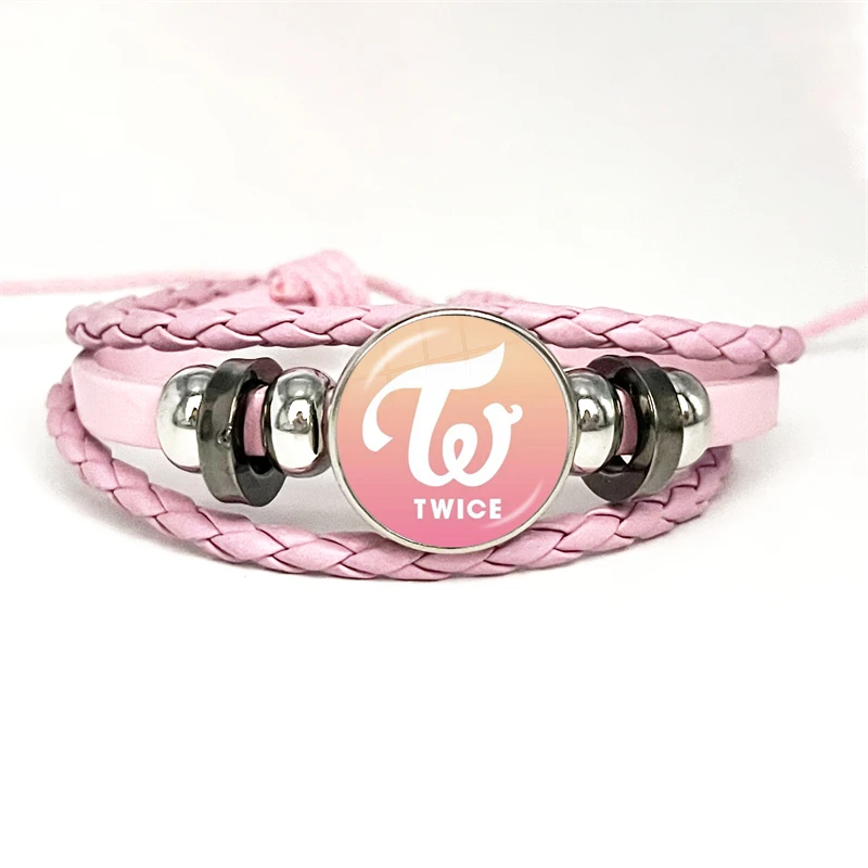 

KPOP TWICE LOGO Leather Bracelets Glass Dome Snap Button Bracelet & Bangles Charm Handmade Jewelry For Fans Gifts