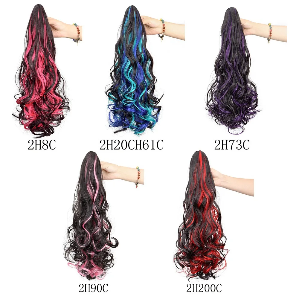 H&STAR 18Inch Synthetic Long Curly Ponytail Claw Clip in Hair Extension  Mixed Blue Red Hairpiece for Women
