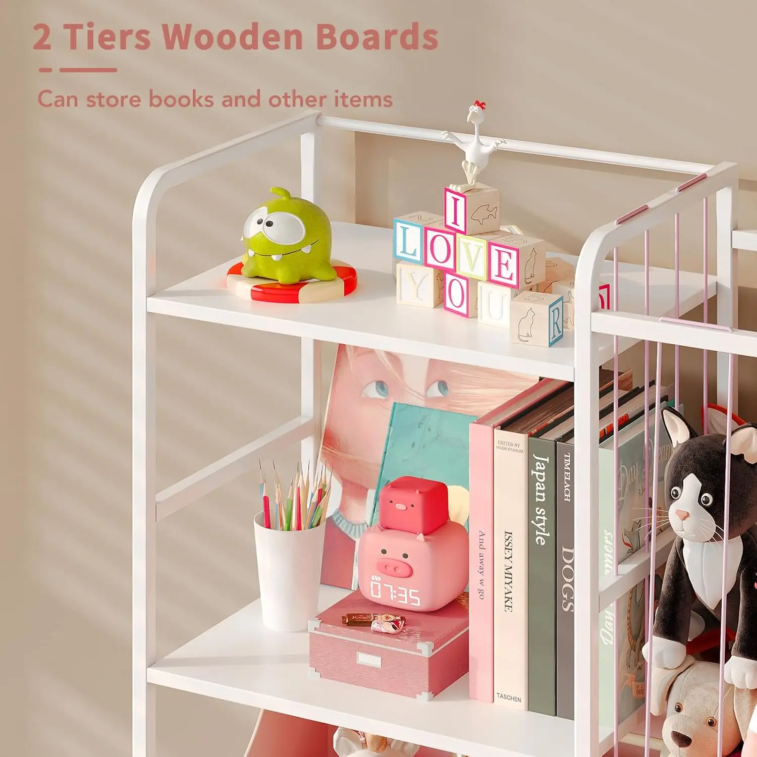 Stuffed Animal Storage - Stuffed Animal Net with Kids Bookshelf and Toy Organizer, 2-Tier White Bookshelf with Stuffed Animal 6