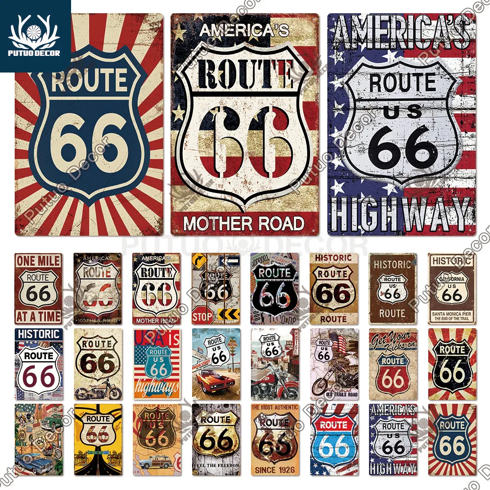 

Putuo Decor Route 66 Tin Sign Vintage Metal Sign Plaque Metal Vintage Retro Garage Wall Decor for Bar Pub Man Cave Gas Station