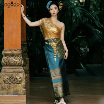 Abito tradizionale tailandese da donna Thailandia Vintage Dai 5 Set Gonna Sarong Festival Costume Scialle con paillettes Abbigliamento del sud-est asiatico 1