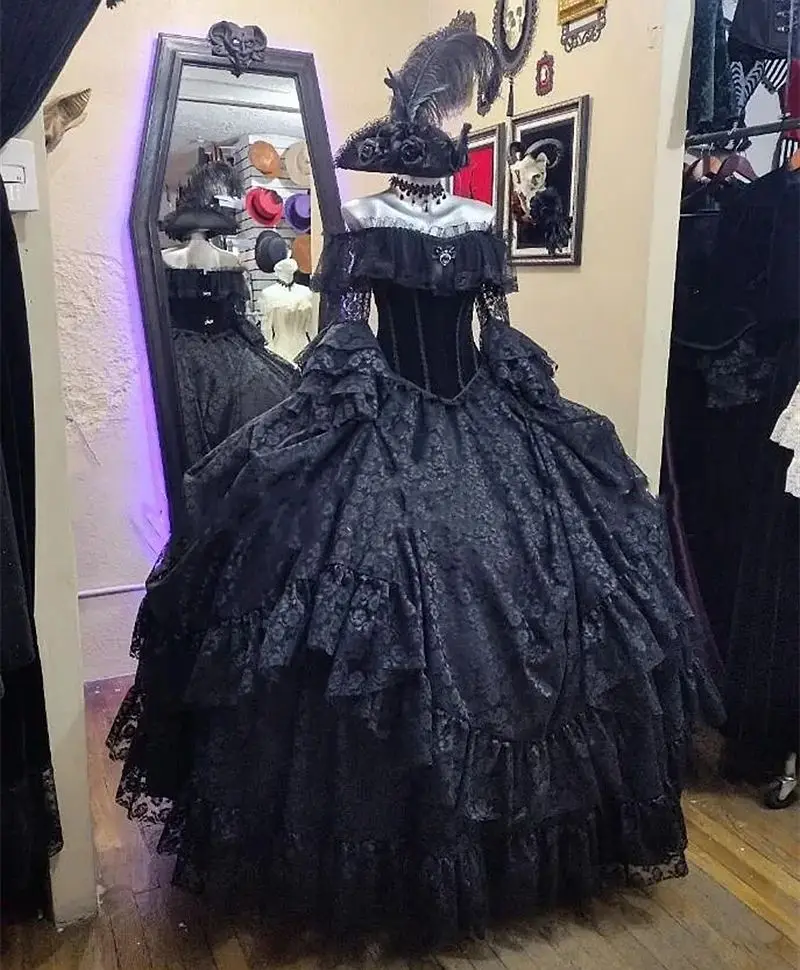 Vintage Victorian Evening Dresses Black Lace Long Sleeves Customized  Masquerade | eBay