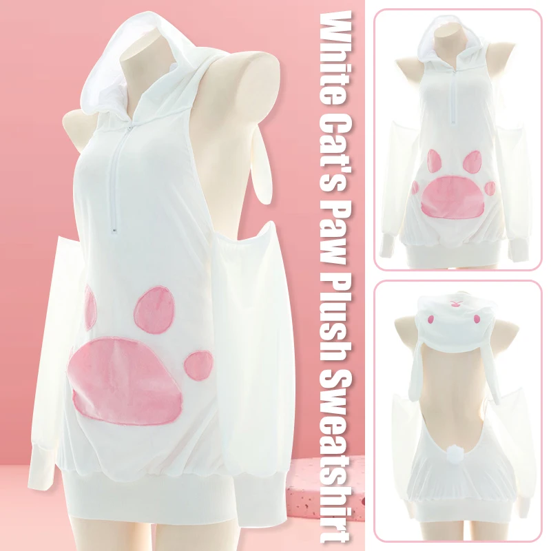 

Women Anime Cosplay Sweater Plush Cat Paw Kawaii Cute Backless Sweaters Japanese Pink Sweet Sleepwear Sexy Hoodie Costume Bunny