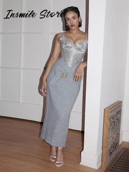 Sexy Sequined Patchwork Sling Top Skirt Set Women Waist Cinching Bandage Corset Belt Long Skirts 2026 Lady Party Suit New Summer 1