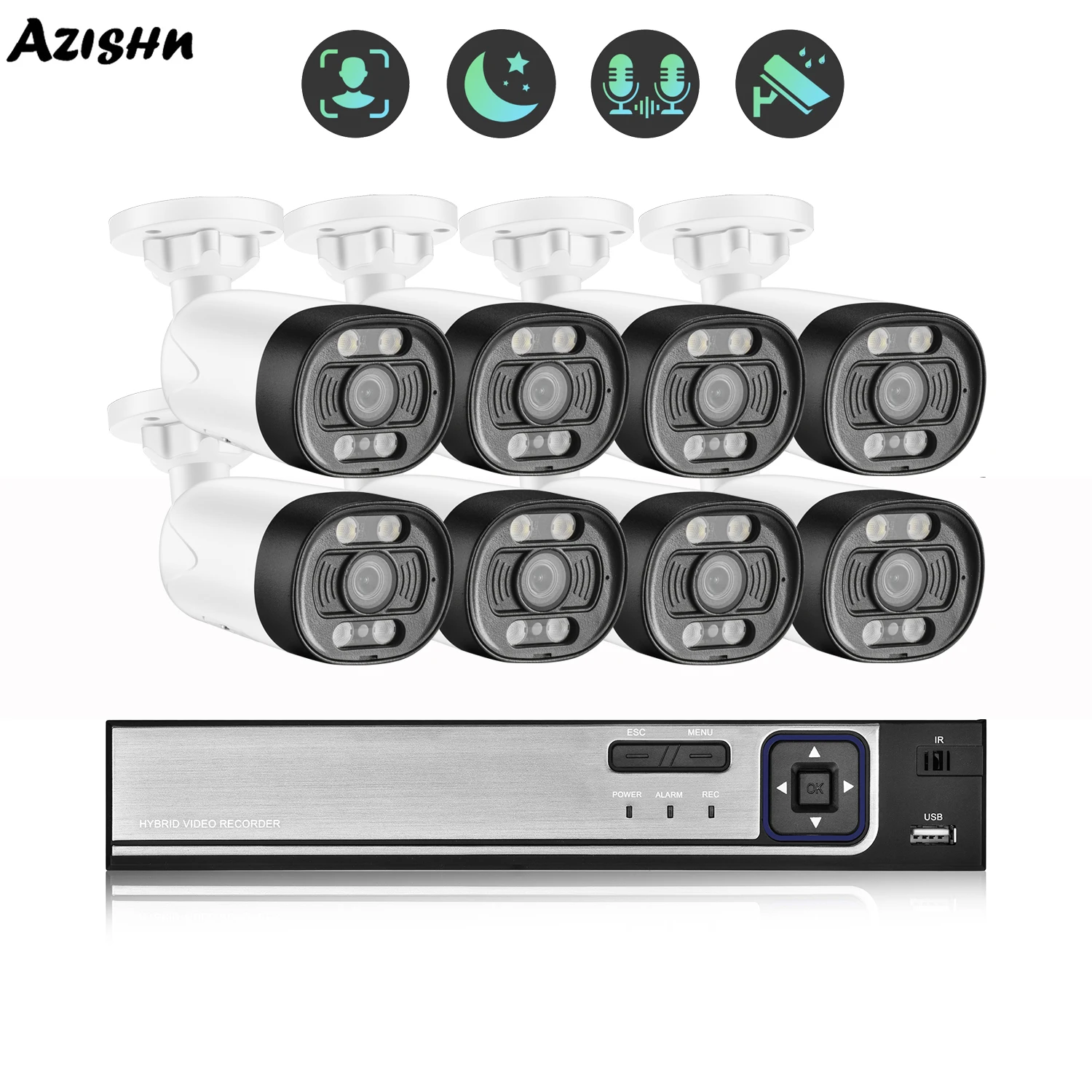 

AZISHN 5MP Ai Face Detection Security CCTV Camera System POE NVR Kit Outdoor Color Night Vision Two Way Audio Surveillance Set