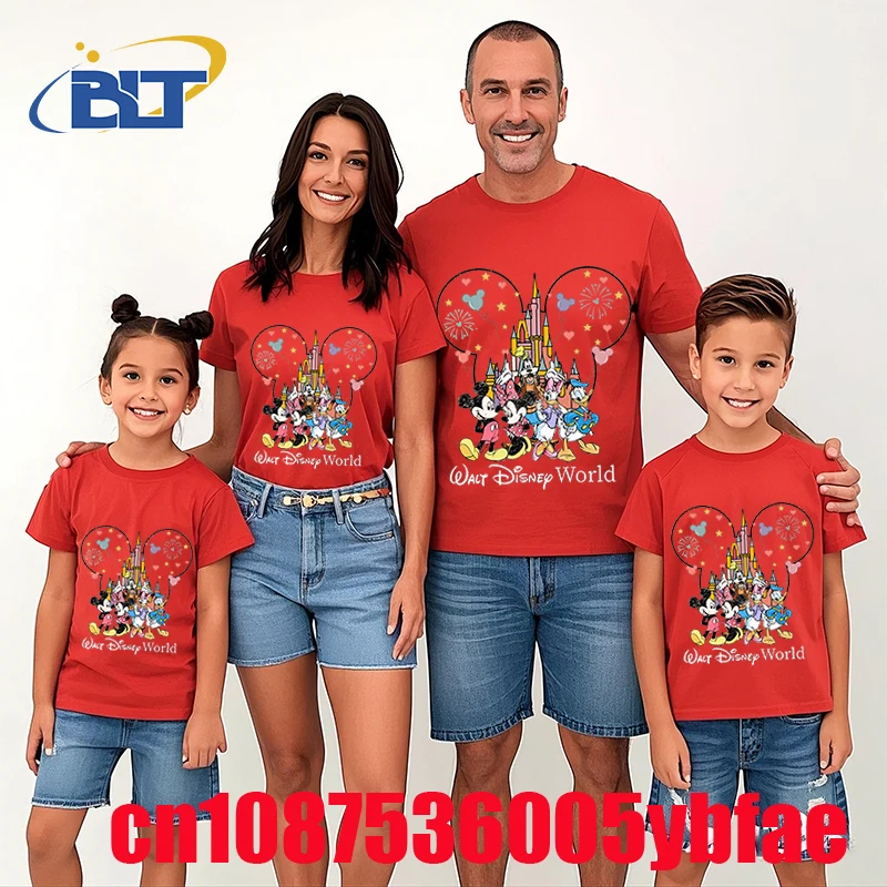 Disney World Mickey And Friends Print T-shirt Dad and mom kids Cotton Short Sleeve Family Matching Outfits Casual Top 5