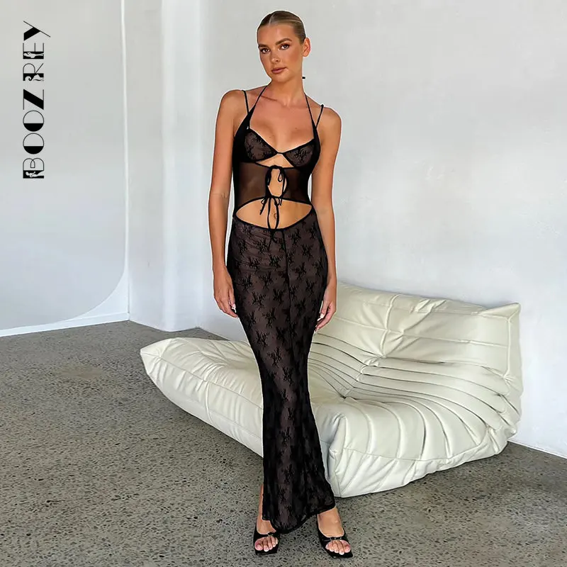 

BoozRey Hollow Out Print Back Split Maxi Dress Women Gown Summer New Black Sleeveless Bodycon Sexy Party Long Dress Vestidos