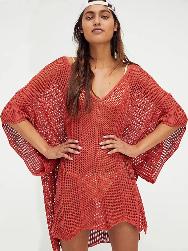 2023 Sexy See Through Mesh Knited Bikini Cover ups Red Crochet Tunic