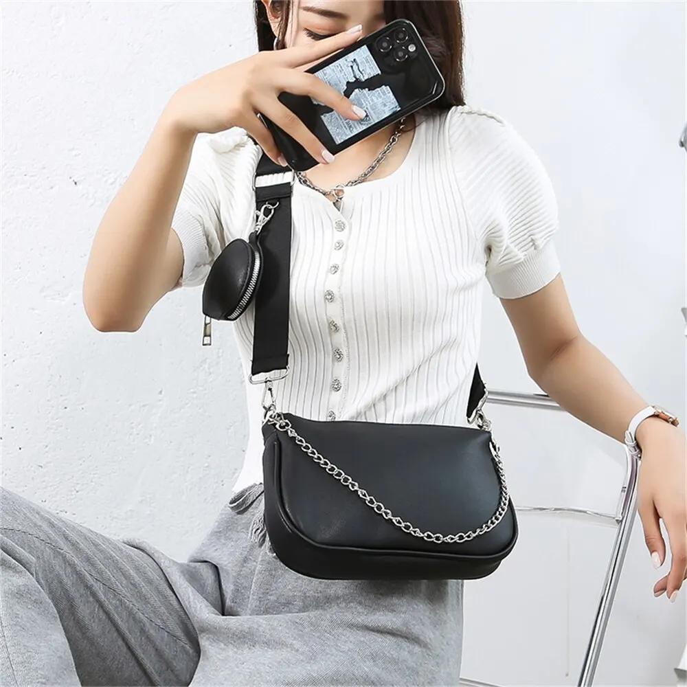 Fashion Pu Leather Shoulder Bag For Women Black Bag Chains Crossbody