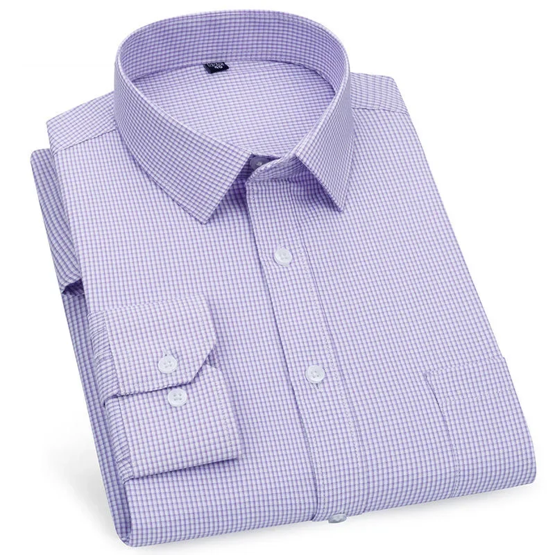 Dress Shirts Men Casual Shirts Mens Business Casual Long Sleeved Shirt Classic Plaid Striped Checked Male Social Dress Shirts for Man Purple Blue