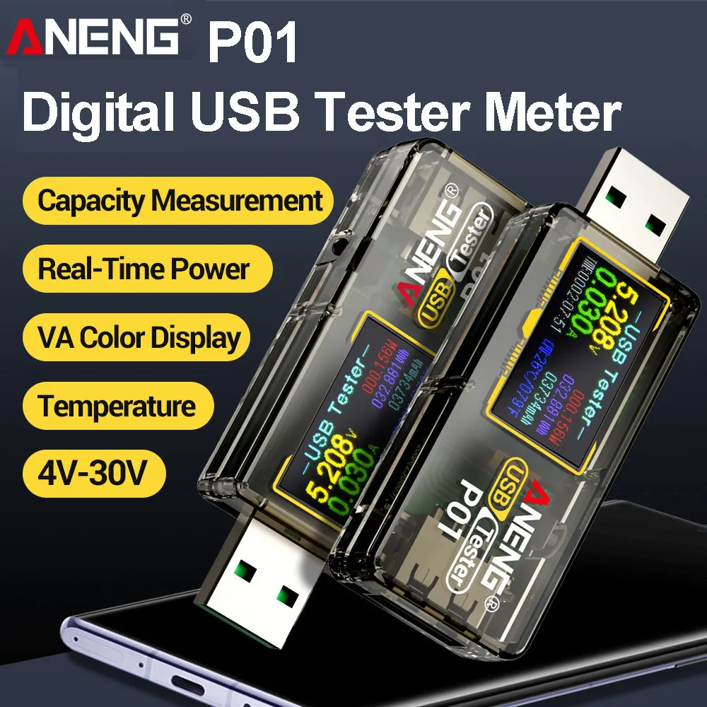 ANENG P01 USB 테스터 충전기 Type-C 전압계 전류계 디지털 디스플레이 4-32V 6A 전압 전류 파워 뱅크 충전기 용량 측정기