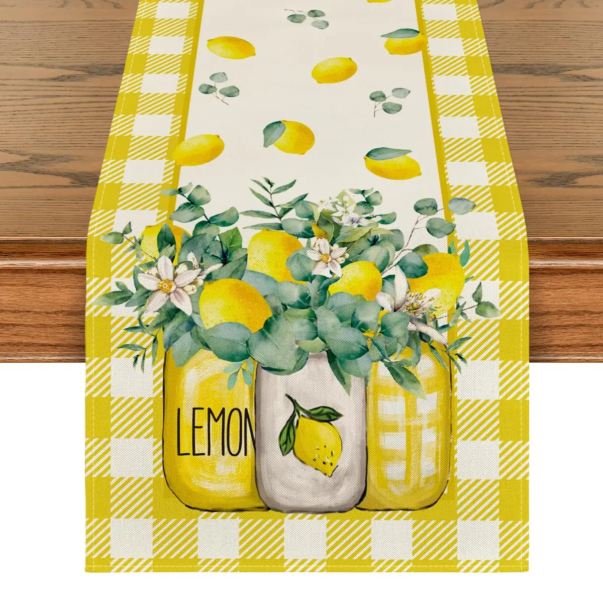 

Yellow White Buffalo Plaid Vase Lemon Summer Table Runner, Seasonal Spring Kitchen Dining Table Decoration for Home Party Decor