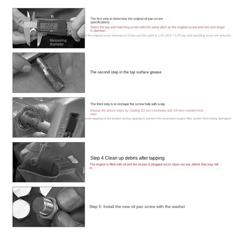 Automotive oil pan drain screw thread repair tool, sealing anti slip tooth gasket, engine oil pan screw