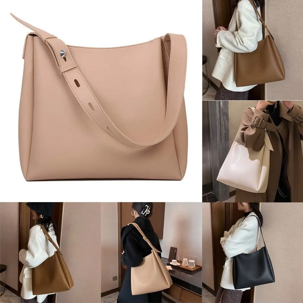 

Solid Color Leather Tote Bag Tend High Capacity Large Shoulder Side Bag Snap Closure Shoulder Bag Girls Student