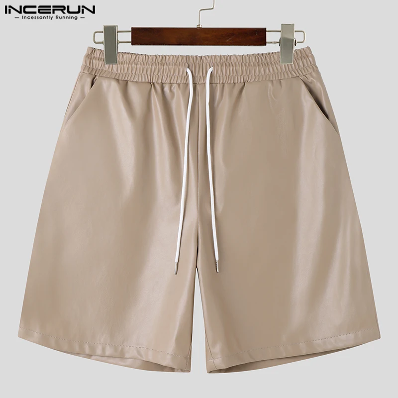INCERUN 2023 Korean Style Men PU Leather Loose Comfortable Shorts Casual Well Fitting Solid Straight Tube All-match Shorts S-5XL