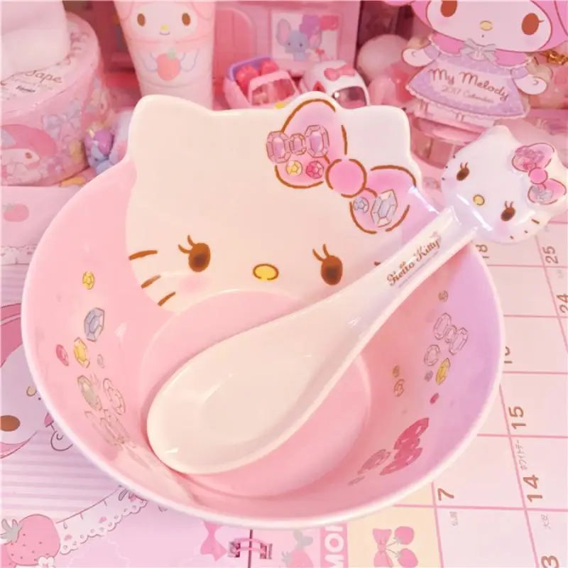 

Милая посуда Sanrio, аксессуары Hello Kittys, мультяшная меламиновая чаша, милая красивая детская ложка, рисовая суповая чаша, подарок для девочек