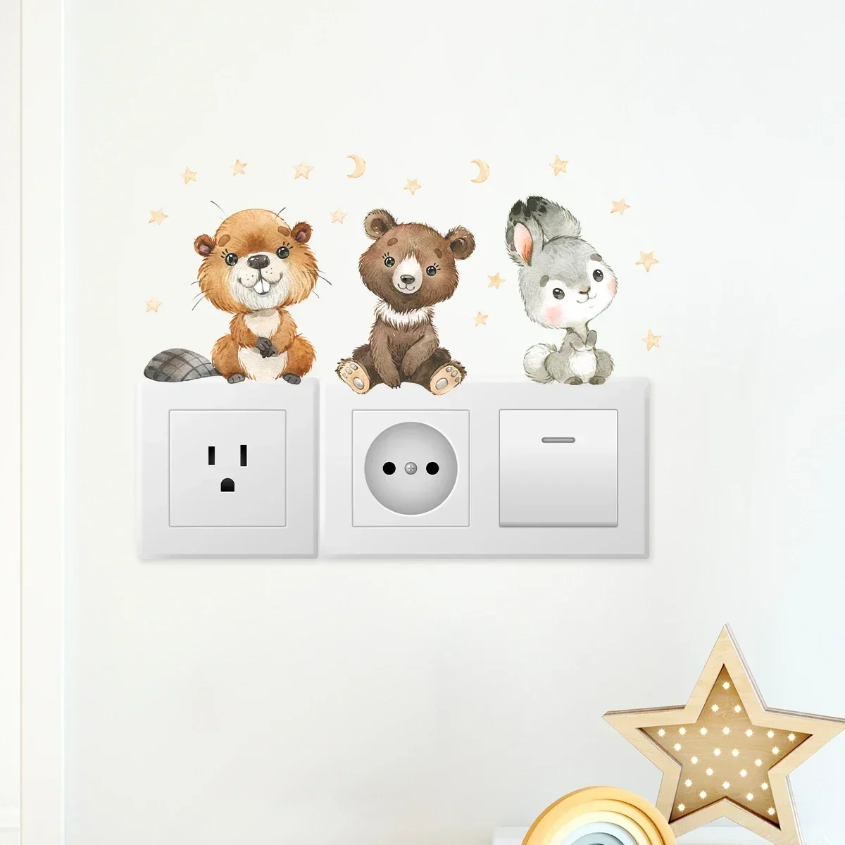Cartoon Fox Squirrel Rabbit Animal Switch Wall Stickers 6pcs for Kids Room Bedroom Nursery Home Decoartion Wall Decals