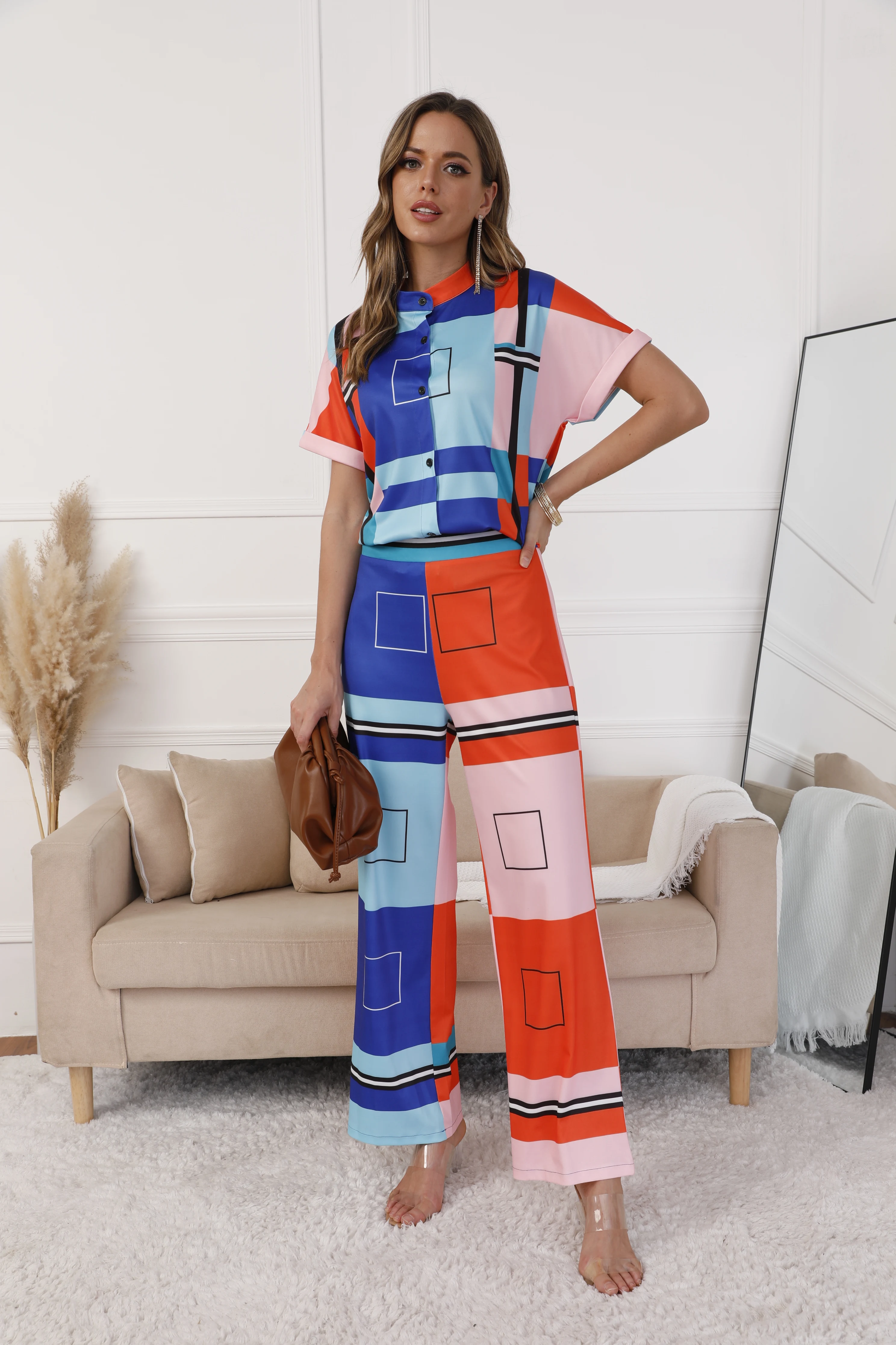 

Women Casual Pant Suit Short Sleeve Single Breasted Geometric Printing Tops And Wide Leg Trouser New Fashion Female 2 Piece Sets