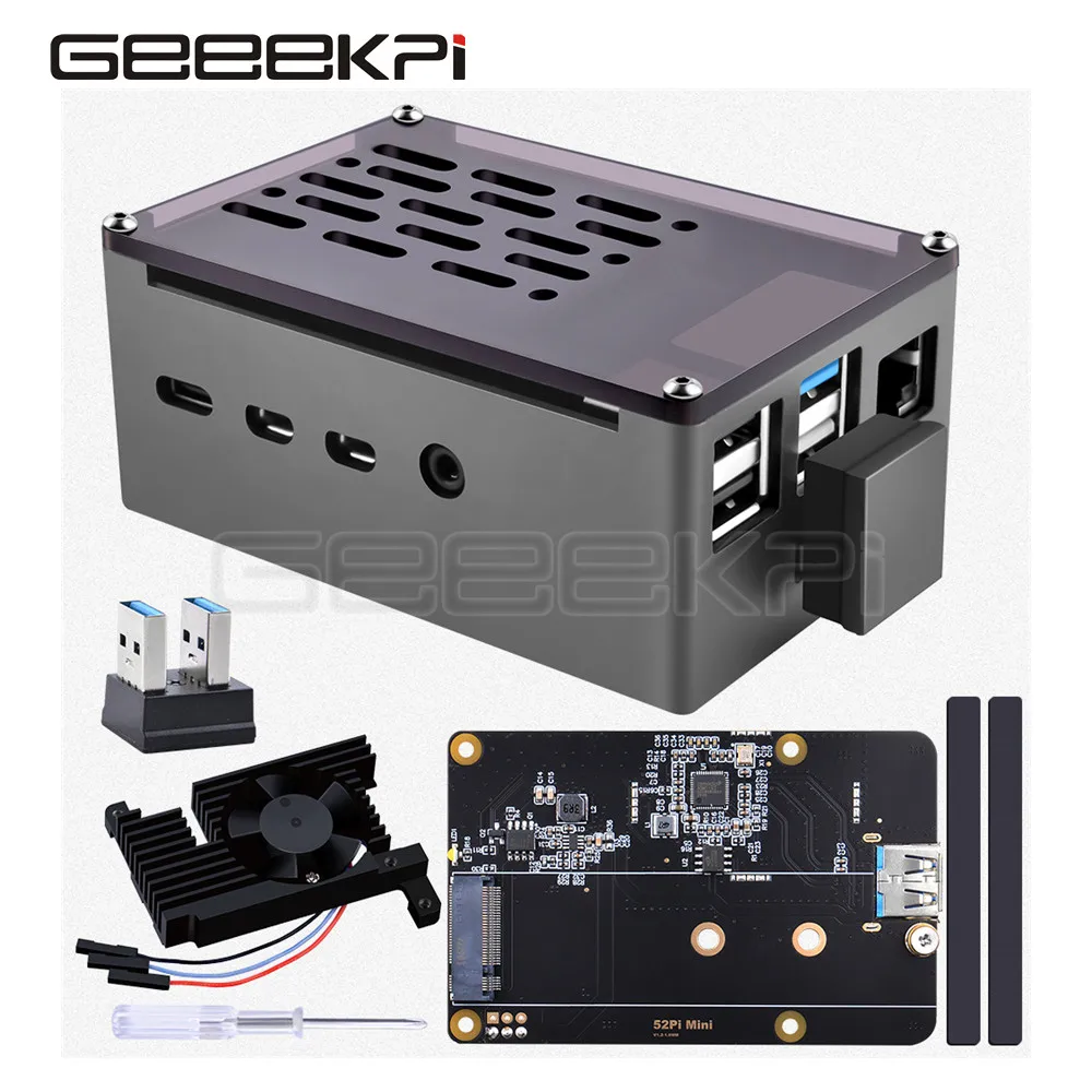 Geeekpi Case Tijolo de Alumínio Escudo Preto com M.2 Sata Ssd Velocidade Ajustável 3510 Ventilador Refrigeração para Raspberry pi Modelo b