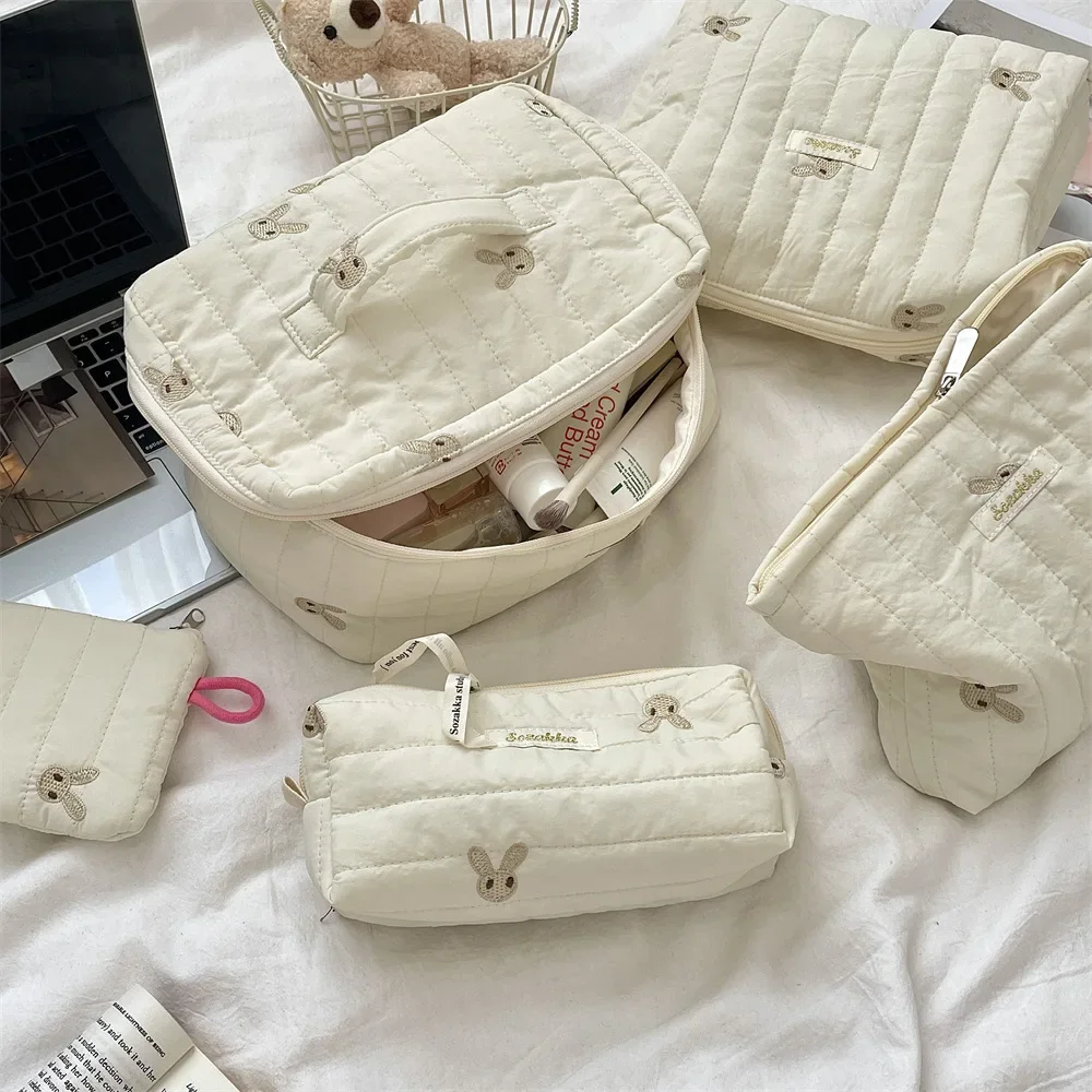 Quilted Embroidery Women's Cosmetic Bag Soft Cotton Fabric Ladies Make Up Case Storage Handbags College Girls Stationery Bags 3