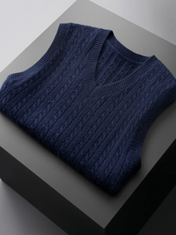 High-quality Men's 100% Cashmere Waistcoat New Knit Vest Autumn and Winter Young/Middle-aged V-Neck  Loose Sleeveless Sweater