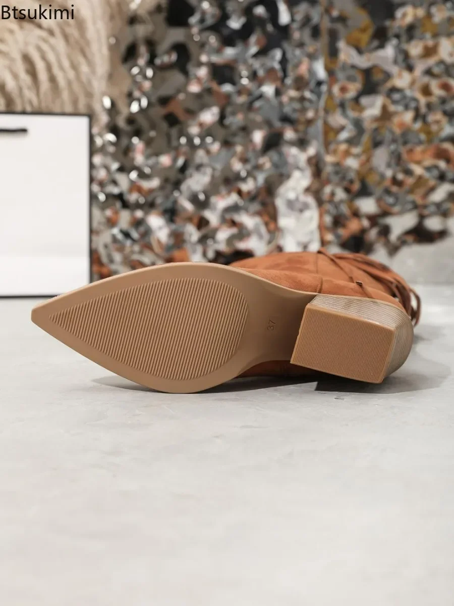 2024Women's Western Mid Calf Boots Vintage Cowboy Tassels Chunky Heels Flock Cowgirl Retro Wild Short Boots Shoes Woman Big Size