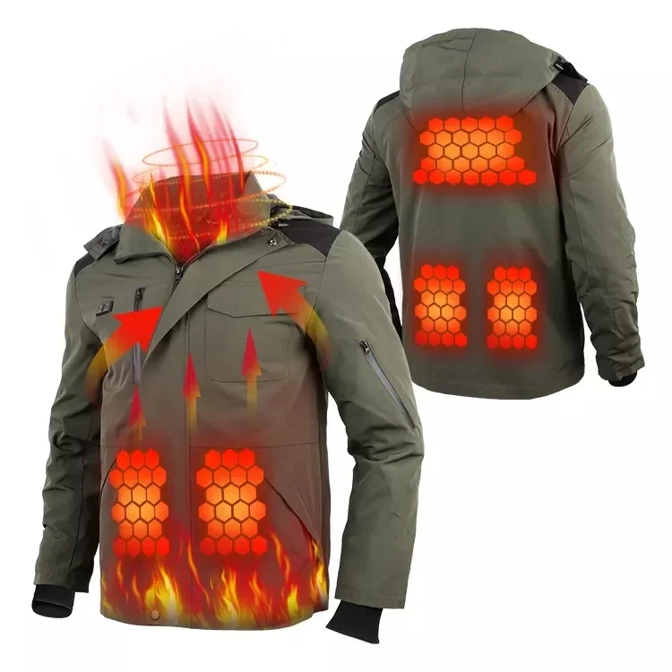 USB Rechargeable Heated Jacket for Men, Multi Pocket, Outdoor Fishing, Gym Biker Racer, Windproof Softshell, Winter, 12V