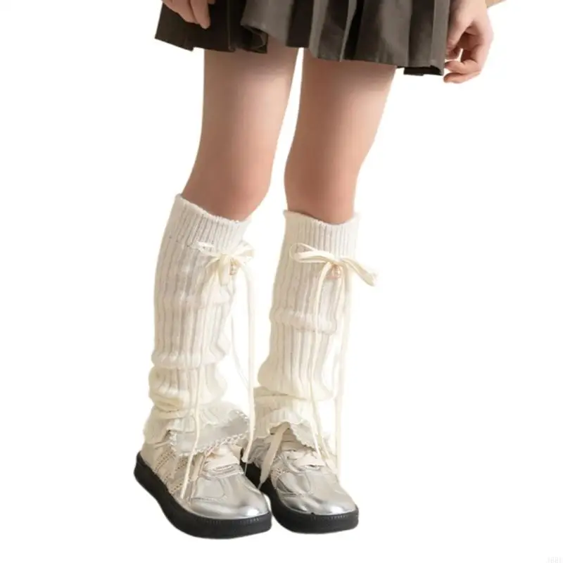J6BE Knitted Warm Foot Cover Breathable Leg Warmer with Bells and Ribbons Decorations