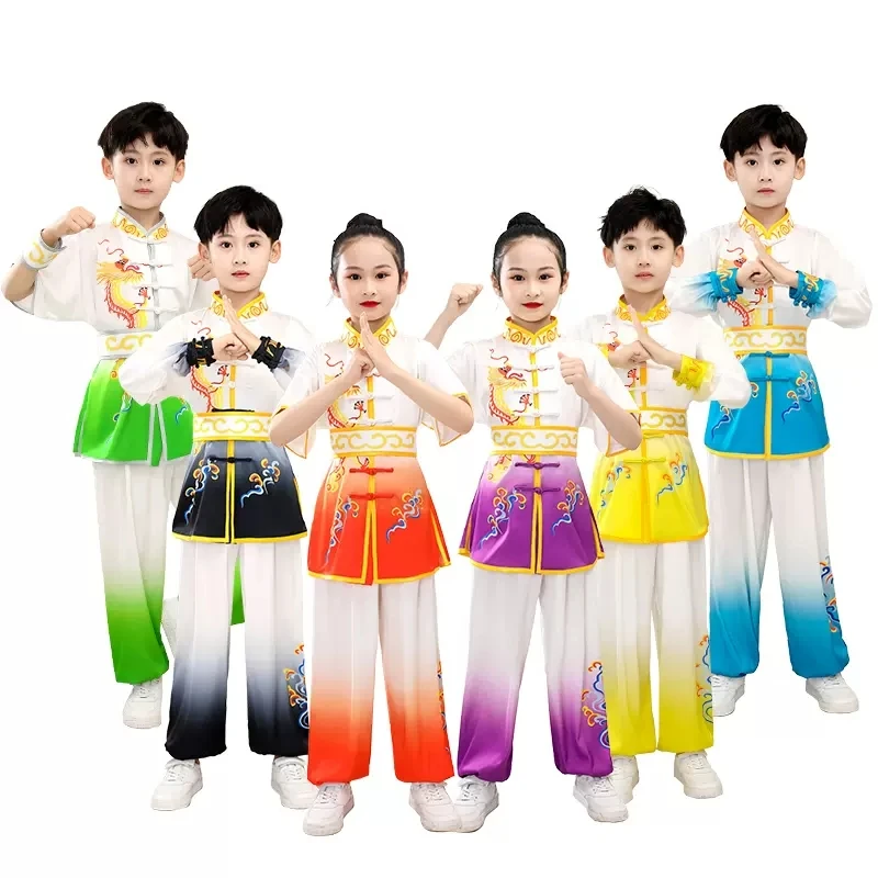 

2024 chinese traditional wushu clothing for kids martial arts uniform kung fu suit dragon print stage performance costume set