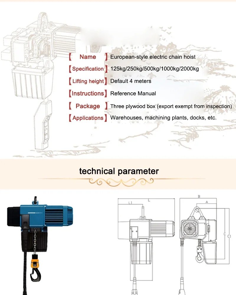 New Electric New Fixed 380v European Type Electric Chain Hoist 250kg Crane Hoist