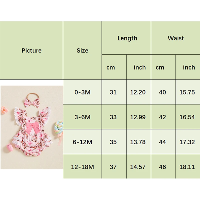 FOCUSNORM 0-18M Schöne Baby Mädchen Ostern Strampler Sets Bogen Stickerei Kaninchen Druck Spitze Trim Fliegen Sleeve Overalls stirnband – Detail 1