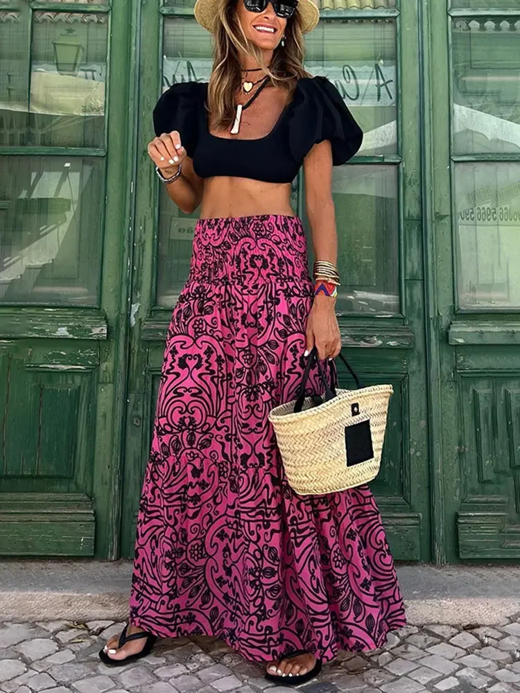 Boho Floral Printed Tie Back Cropped Top and Maxi Skirt Set