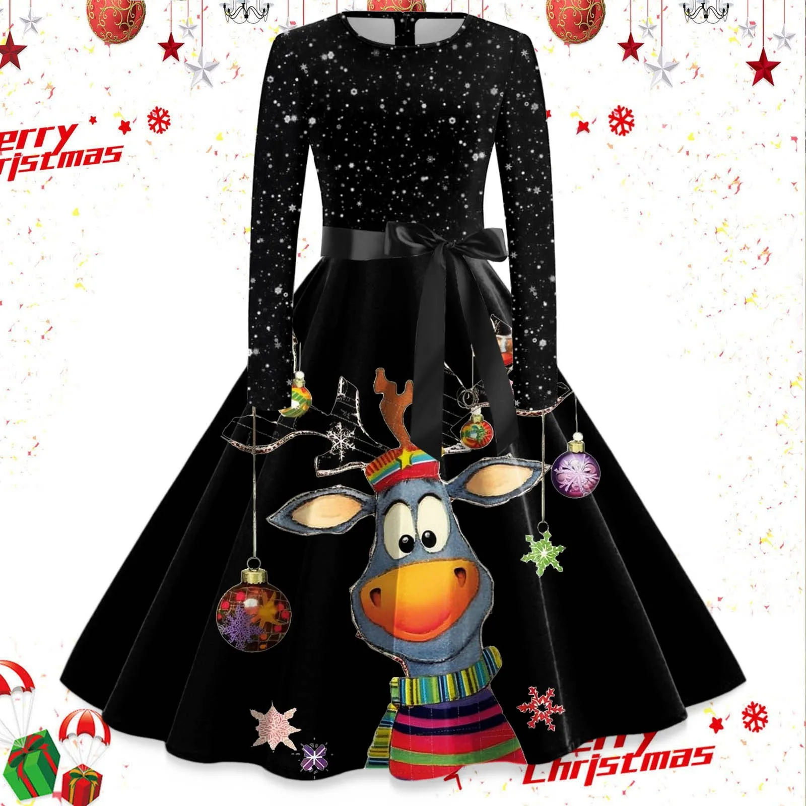 

New Christmas Dress Women Winter Long Sleeve O Neck Elegant Vintage Santa Claus Snowflake Print Party Outfits Swing Xmas Dress