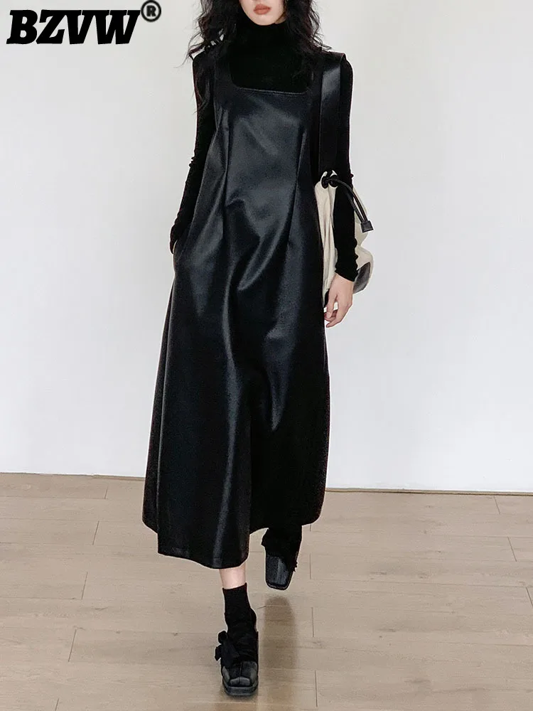 

BZVW Fashion PU Leather Single Dresses For Women's Clothing High-end Mid-length Waist Retraction Dress 2023 Autumn New 25X2982