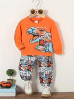 Spring And Autumn Cartoon Dinosaur Print Orange Long Sleeve Full Print Pants Fabric Soft Suitable For Outdoor And Base Wear Suit 1