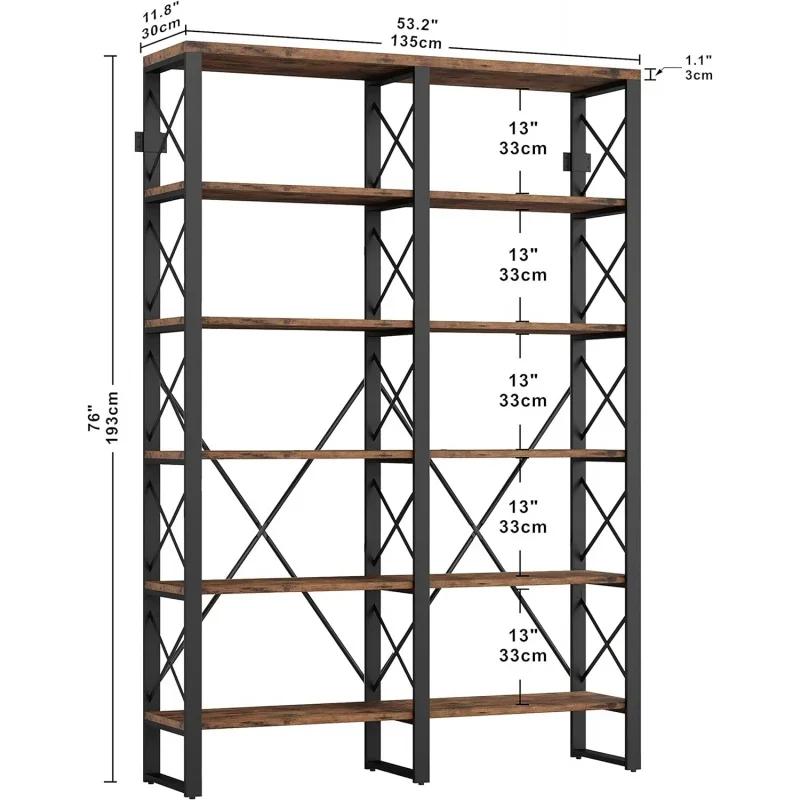 IRONCK Bookshelf Double Wide 6-Tier 76" H,Open Large Bookcase,Industrial Style Shelves,Wood and Metal Bookshelves for Home Offic 3