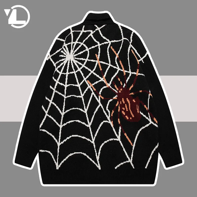 

High Street Spider Web Sweater Men Women Hip Hop Harajuku Oversized Zipper Cardigan Jumper Unisex Vintage Y2K Loose Sweaters