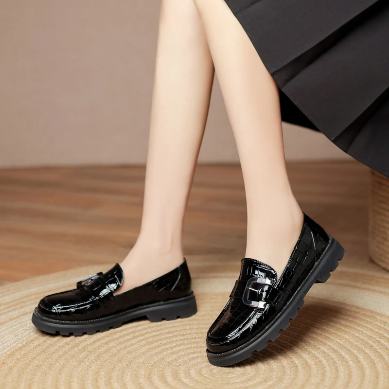 

Hot Glossy Patent Leather Belt Buckle Decoration Slip-On Flat Shoes Stone Pattern Breathable Mary Jane Shoes Matte Classic Shoes