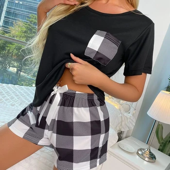 Pigiama casual da donna estivo Set pigiama da notte T-shirt girocollo manica corta Top con pantaloncini scozzesi Comodo abbigliamento per la casa femminile 1
