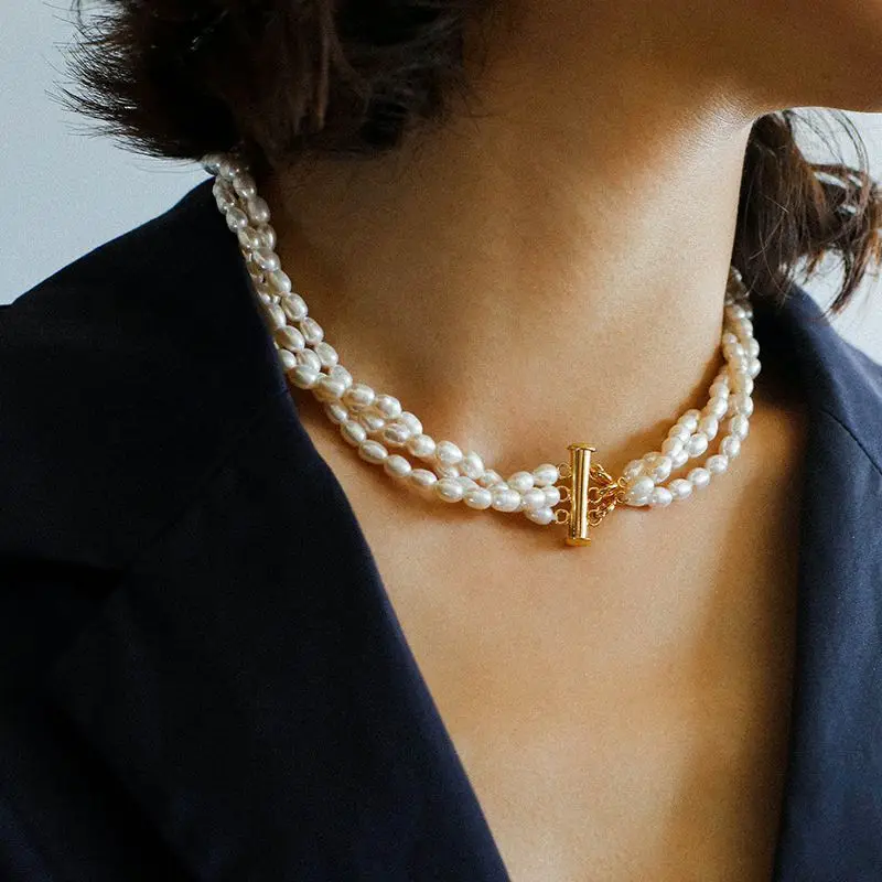 

Brass Natural Baroque Pearl Layered Chain Choker Necklace Women Jewelry Punk Designer Runway Rare Gown Boho Japan Korean